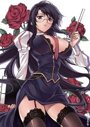 Rule 34 | 1girl, black bra, black thighhighs, blush, bra, breasts, cleavage, flower, garter straps, glasses, hae-young na, highres, lace, lace-trimmed legwear, lace trim, large breasts, lingerie, lips, long hair, necktie, pointer, puffy sleeves, purple eyes, purple hair, rose, skirt, solo, soo-hyon lee, teacher, thighhighs, thighs, unbalance unbalance, unbalance x unbalance, underwear, unzipped
