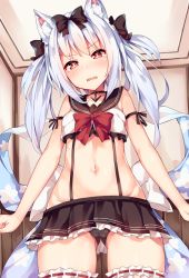 Rule 34 | 1girl, animal ear fluff, animal ears, azur lane, black bow, black panties, black sailor collar, black skirt, blush, bow, breasts, cat ears, commentary request, crop top, frilled skirt, frills, gluteal fold, hair bow, highres, indoors, large bow, legs apart, long hair, looking at viewer, miniskirt, navel, open mouth, orange eyes, panties, pleated skirt, red bow, ribbon-trimmed legwear, ribbon trim, sailor collar, silver hair, skirt, sleeveless, small breasts, solo, standing, suspender skirt, suspenders, tearing up, thighhighs, unacchi (nyusankin), underwear, white bow, white thighhighs, yukikaze (azur lane)