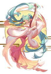 Rule 34 | 1girl, aqua hair, dress, closed eyes, flower, full moon, hair flower, hair ornament, hatsune miku, highres, holding, holding instrument, instrument, kan (rainconan), long hair, long sleeves, moon, music, parted lips, petals, playing instrument, see-through, smile, solo, twintails, very long hair, vocaloid, wide sleeves