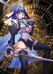 Rule 34 | 1girl, asymmetrical legwear, biting, black gloves, black thighhighs, blue eyes, blue hair, boku no edamame, breasts, chain, clock, commentary, detached collar, detached sleeves, english commentary, feet out of frame, glove biting, gloves, hair intakes, hairband, halo, hand up, highres, holding, holding sword, holding weapon, hololive, hololive english, knee up, large breasts, leotard, mouth hold, neck ribbon, ouro kronii, ouro kronii (1st costume), revision, ribbon, short hair, skindentation, solo, sword, thighhighs, thighs, underboob, virtual youtuber, weapon