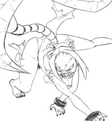 Rule 34 | 1girl, all fours, backless outfit, barefoot, bent over, breasts, brown hair, fighting stance, greyscale, leotard, mask, monochrome, nail, nail polish, open mouth, painwheel (skullgirls), panties, ponytail, scar, simple background, skullgirls, small breasts, solo, teeth, toenail polish, toenails, tsukudani (coke-buta), underwear, veins, white background