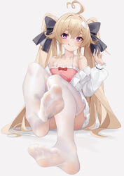 Rule 34 | 1girl, absurdres, attilio regolo (azur lane), azur lane, blonde hair, blush, feet, heart, heart-shaped pupils, highres, licking lips, long hair, looking at viewer, pink eyes, see-through, see-through legwear, soles, symbol-shaped pupils, thighhighs, toes, tongue, tongue out, twintails, white thighhighs