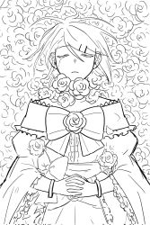 Rule 34 | 1boy, aku no meshitsukai (vocaloid), allen avadonia, bow, closed eyes, commentary request, crossdressing, crying, decapitation, dress, dress bow, dress flower, evil ziri, evillious nendaiki, field, flower, flower field, frilled sleeves, frills, greyscale, hair down, hair ornament, hairclip, hands on own stomach, highres, impersonation, korean commentary, lineart, lying, monochrome, off-shoulder dress, off shoulder, on back, own hands clasped, own hands together, parted lips, petticoat, sketch, streaming tears, tears, vocaloid, wide sleeves