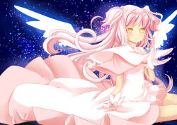 Rule 34 | 10s, 1girl, bad id, bad pixiv id, bow, dress, gloves, grief seed, hair bow, hair ribbon, kaname madoka, kenneos, long hair, magical girl, mahou shoujo madoka magica, mahou shoujo madoka magica (anime), pink hair, ribbon, self-upload, sitting, smile, solo, space, spoilers, star (sky), twintails, two side up, ultimate madoka, very long hair, white gloves, wings, yellow eyes