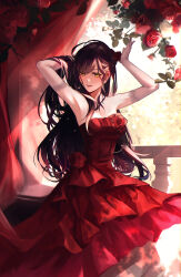Rule 34 | 1girl, absurdres, bare shoulders, breasts, brown hair, dress, flower, gloves, highres, lace, lace-trimmed gloves, lace trim, looking at viewer, medium breasts, orange eyes, project sekai, red dress, rose, shiraishi an, strapless, strapless dress, tsaishanny