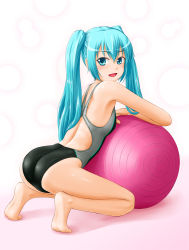 Rule 34 | 1girl, aqua eyes, aqua hair, ass, ball, barefoot, competition swimsuit, exercise ball, feet, hatsune miku, long hair, looking back, no shoes, one-piece swimsuit, open mouth, soles, solo, swimsuit, tk4, twintails, vocaloid