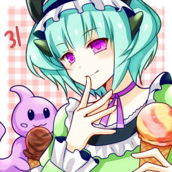 Rule 34 | 1girl, amelit, aqua hair, astaroth (p&amp;d), bad id, bad pixiv id, chisa, food, hairband, horns, ice cream, looking at viewer, plaid, plaid background, purple eyes, puzzle &amp; dragons, short hair, smile, upper body