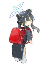 Rule 34 | 1girl, animal ears, backpack, bag, black dress, black hair, blue archive, blunt bangs, cat ears, cat girl, child, closed mouth, commentary request, cropped legs, dress, from behind, green eyes, halo, long hair, looking back, osakanadream, purple halo, randoseru, red bag, short sleeves, shun (blue archive), shun (small) (blue archive), side slit, sidelocks, smile, solo, thighhighs, twintails, white thighhighs