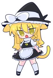 Rule 34 | 1girl, animal ears, apron, bell, black footwear, black hat, black skirt, black vest, blouse, bow, braid, buttons, cat ears, cat girl, cat tail, fang, frilled skirt, frills, hat, hat bow, highres, kirisame marisa, long hair, mary janes, neck bell, op na yarou, puffy short sleeves, puffy sleeves, shirt, shoes, short sleeves, side braid, simple background, single braid, skirt, skirt set, socks, solo, tail, touhou, turtleneck, vest, waist apron, white apron, white background, white bow, white shirt, white socks, witch hat, yellow eyes