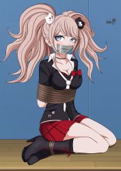 Rule 34 | 1girl, absurdres, arms behind back, bdsm, blue eyes, bondage, boots, bound, bound ankles, bound arms, breasts, cleavage, collarbone, danganronpa (series), enoshima junko, gag, gagged, high heel boots, high heels, highres, improvised gag, legs, miniskirt, necktie, pink hair, red skirt, school uniform, shadow xcp, skirt, tape, tape gag, thighs, twintails
