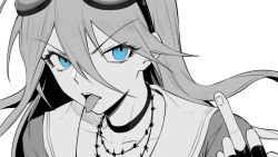 Rule 34 | 1girl, blue eyes, blue hair, chain, choker, collarbone, commentary request, danganronpa (series), danganronpa v3: killing harmony, ewa (seraphhuiyu), fingerless gloves, gloves, goggles, hair between eyes, highres, iruma miu, long hair, looking at viewer, middle finger, open mouth, sailor collar, simple background, solo, spot color, teeth, tongue, tongue out, upper teeth only, white background