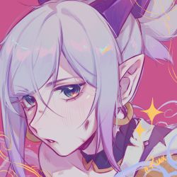 Rule 34 | 1girl, absurdres, artist name, blush, bruise, bruise on face, character request, earrings, green eyes, hair ornament, highres, injury, jewelry, league of legends, parted lips, pink background, pink hair, pointy ears, ponytail, portrait, riven (league of legends), ruan chen yue, solo, spirit blossom (league of legends), spirit blossom riven, teeth