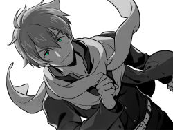 Rule 34 | 1boy, asada hachi, belt, buttons, clenched hand, closed mouth, collarbone, collared shirt, commentary request, dress shirt, dutch angle, floating scarf, green eyes, grey background, greyscale, hair between eyes, idolmaster, idolmaster side-m, jacket, kashiwagi tsubasa, long sleeves, looking at viewer, male focus, monochrome, open clothes, open jacket, pants, scarf, shirt, short hair, simple background, smile, solo, spot color, standing, sweat, twitter username, upper body, watermark