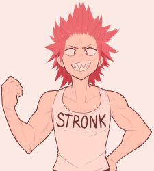 Rule 34 | 10s, 1boy, boku no hero academia, clenched hand, flexing, grin, hand on own hip, highres, kirishima eijirou, male focus, muscular, red eyes, red hair, sally (luna-arts), sharp teeth, smile, solo, spiked hair, tank top, teeth, upper body