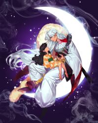 Rule 34 | 1boy, 1girl, an kyoung, armor, barefoot, black hair, checkered clothes, checkered kimono, crescent moon, facial mark, fingernails, full body, inuyasha, japanese clothes, kimono, looking at another, moon, on crescent, pointy ears, puffy pants, rin (inuyasha), sesshoumaru, sharp fingernails, shoulder armor, size difference, smoke, sparkle, white hair, white kimono