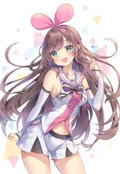 Rule 34 | 1girl, :d, arm up, bad id, bad twitter id, blue eyes, blush, brown hair, cowboy shot, detached sleeves, hairband, head tilt, kizuna ai, kizuna ai inc., lace-trimmed sleeves, lace trim, looking at viewer, multicolored hair, navel, neck ribbon, open mouth, pink hair, pink hairband, ribbon, sailor collar, shirt, short shorts, shorts, sleeveless, sleeveless shirt, smile, solo, streaked hair, striped ribbon, swept bangs, two-tone hair, virtual youtuber, white background, white sailor collar, white shorts, yeonwa
