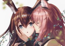 Rule 34 | 2girls, :o, absurdres, amiya (arknights), animal ear fluff, animal ears, arknights, ascot, bare shoulders, black ascot, blue eyes, blush, brown hair, closed eyes, closed mouth, confetti, female focus, gravel (arknights), hand on another&#039;s cheek, hand on another&#039;s face, highres, kiss, kissing cheek, long hair, multiple girls, parted lips, pink hair, profile, rabbit ears, simple background, smile, upper body, white background, wn (wani-noko), yuri