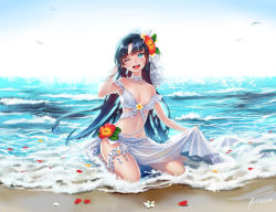 Rule 34 | 1girl, :d, adapted costume, arm behind head, bad id, bad pixiv id, bare arms, bare shoulders, barefoot, beach, beads, bikini, black hair, blue eyes, breasts, bridal garter, bridal veil, bride, briska, choker, cleavage, day, flower, frills, full body, gem, hair flower, hair ornament, hand in own hair, hand on own head, hibiscus, lace, lace-trim, lace-trimmed choker, lace trim, leaf, long hair, looking at viewer, medium breasts, navel, ocean, off shoulder, on ground, open mouth, original, outdoors, parted bangs, pearl (gemstone), petals, plumeria, ribbon, sarong, see-through, sitting, sky, smile, solo, sparkle, stomach, summer, swimsuit, veil, very long hair, wariza, white bikini, white flower, white ribbon