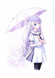 Rule 34 | 1girl, absurdres, black pantyhose, blue eyes, blush, closed mouth, copyright name, cropped legs, hair between eyes, highres, holding, holding umbrella, long hair, looking at viewer, miniskirt, na-ga, naruse shiroha, official art, page number, pantyhose, pleated skirt, sailor collar, school uniform, shirt, short sleeves, silver hair, simple background, skirt, solo, standing, summer pockets, umbrella, very long hair, white background, white sailor collar, white shirt, white skirt, white umbrella