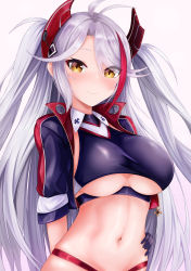 Rule 34 | 1girl, absurdres, antenna hair, arm behind back, azur lane, black gloves, black jacket, black shirt, breasts, collared shirt, crop top, cropped jacket, gloves, hair ornament, hand on own hip, highres, jacket, large breasts, long hair, looking at viewer, midriff, navel, open clothes, open jacket, prinz eugen (azur lane), prinz eugen (final lap) (azur lane), race queen, revealing clothes, ryara, shirt, sleeveless, sleeveless shirt, smile, solo, stomach, two side up, underboob, upper body, very long hair, white hair, yellow eyes