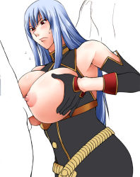 Rule 34 | 00s, 1boy, 1girl, black gloves, blue hair, blush, breasts, breasts out, facing viewer, gloves, grabbing own breast, huge breasts, karuken, looking at another, nipples, paizuri, penis, perpendicular paizuri, red eyes, selvaria bles, senjou no valkyria, senjou no valkyria (series), senjou no valkyria 1, simple background, uncensored, white background