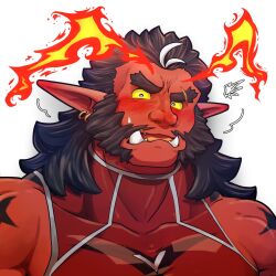 Rule 34 | 1boy, ^^^, astar (live a hero), bara, blush, colored sclera, colored skin, demon boy, fiery horns, forked eyebrows, highres, horns, huge eyebrows, large pectorals, live a hero, looking at viewer, male focus, mature male, monster boy, muscular, muscular male, mutton chops, ogre, pectorals, pencil mustache, pointy ears, red skin, sanpaku, shy, sidepec, solo, streaked beard, tanaka no azumi, tusks, upper body, yellow sclera