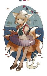 Rule 34 | 1girl, absurdres, alternate costume, anchor symbol, animal ears, arknights, backpack, bag, braid, braided hair rings, brown footwear, commentary request, dress, fox ears, fox girl, fox tail, full body, green eyes, green neckerchief, hair rings, hat, highres, innertube, kitsune, kodama masaki, kyuubi, multiple tails, neckerchief, parted lips, pleated dress, puffy short sleeves, puffy sleeves, red bag, sailor collar, sailor dress, sailor hat, shoes, short dress, short hair, short sleeves, solo, suzuran (arknights), swim ring, tail, twin braids, white hat, white sailor collar