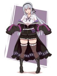 Rule 34 | 1girl, absurdres, amatsu marei, assault lily, belt, belt buckle, belt pouch, black footwear, black hairband, black ribbon, black skirt, boots, braid, breasts, brown thighhighs, buckle, collared shirt, commentary request, dated commentary, dress shirt, full body, grey hair, hair ribbon, hairband, hands up, highres, knee boots, large breasts, long hair, long sleeves, looking away, looking to the side, mabuta kayumi, neck ribbon, off shoulder, parted lips, partially unzipped, pleated skirt, pouch, purple background, purple eyes, purple ribbon, ribbon, shirt, side braid, sideways glance, skirt, sleeves past fingers, sleeves past wrists, solo, standing, thigh belt, thigh strap, thighhighs, two-tone background, very long hair, waist cape, white background, white belt, white shirt, zettai ryouiki, zipper footwear, zipper pull tab