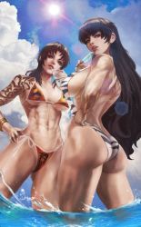 Rule 34 | 2girls, absurdres, arm tattoo, ass, bikini, black lagoon, blue eyes, blue hair, blue sky, breasts, brown eyes, brown hair, cloud, drink, food, hand on own hip, highres, holding, holding drink, large breasts, long hair, monori rogue, multiple girls, muscular, muscular female, popsicle, print bikini, revy (black lagoon), roberta (black lagoon), scar, scar on arm, scar on back, shallow water, shoulder tattoo, sky, slingshot swimsuit, swimsuit, tattoo, thighs, wading, water