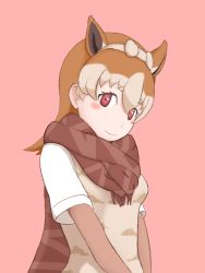 Rule 34 | 1girl, animal ears, beige sweater vest, blush, bow, brown hair, brown neckwear, brown scarf, hair bow, hairband, highres, kemono friends, pink background, red eyes, scarf, shirt, smile, solo, sweater vest, user ugmw7344, vicugna (kemono friends), white shirt