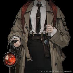 Rule 34 | 1girl, black background, black necktie, brown coat, coat, collared shirt, cowboy shot, hand up, head out of frame, high-waist pants, highres, holding, holster, long hair, necktie, original, pants, quuni, red hair, shirt, shirt tucked in, simple background, sleeves past wrists, solo, suspenders, white shirt