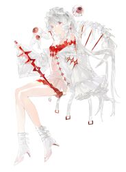 Rule 34 | 1girl, baifeidaiwang, blood, bloodshot eyes, disembodied eye, dress, eyeball, frilled dress, frilled headwear, frilled sleeves, frills, full body, hair ornament, high heels, highres, holding, holding sword, holding weapon, jacket, long hair, looking to the side, maid headdress, off-shoulder jacket, off shoulder, original, parted bangs, pink dress, pink eyes, sidelocks, sitting, spine, strap, sword, thighs, very long hair, watermark, weapon, white background, white footwear, white hair, white jacket, wide sleeves