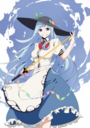 Rule 34 | 1girl, alternate eye color, black headwear, blue eyes, blue skirt, blue sky, bow, bowtie, breasts, center frills, closed mouth, commentary request, feet out of frame, food, frilled skirt, frills, fruit, highres, hinanawi tenshi, holding, holding sword, holding weapon, leaf, medium breasts, outdoors, peach, potato pot, red bow, red bowtie, skirt, sky, smile, solo, sword, sword of hisou, touhou, weapon