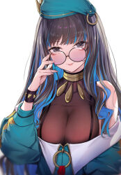Rule 34 | 1girl, bare shoulders, beret, black hair, blue hair, bracelet, breasts, cleavage, colored inner hair, eyeliner, fate/grand order, fate (series), green hat, green jacket, grey eyes, hat, highres, jacket, jewelry, large breasts, long hair, long sleeves, looking at viewer, makeup, multicolored hair, neck ring, o-ring, off shoulder, round eyewear, see-through, see-through cleavage, sidelocks, smile, solo, sunglasses, tenochtitlan (fate), tenochtitlan (second ascension) (fate), tinted eyewear, ura illust