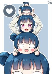 Rule 34 | 1girl, :d, arms up, blue background, blue hair, blush, character doll, dated, deadnooodles, doll on head, hair bun, heart, highres, long sleeves, looking at viewer, love live!, love live! sunshine!!, nesoberi, o o, object on head, open mouth, outline, purple eyes, school uniform, side bun, simple background, single side bun, smile, solo, spoken heart, tsushima yoshiko, uranohoshi school uniform, white outline