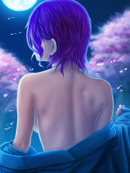 Rule 34 | 1girl, 7/11 (fukuso), back, bare back, breasts, bug, butterfly, cherry blossoms, earrings, female focus, from behind, full moon, bug, jewelry, moon, off shoulder, petals, purple hair, saigyouji yuyuko, short hair, sideboob, solo, touhou
