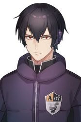 Rule 34 | 1boy, berry o t, black hair, black jacket, black shirt, closed mouth, hair between eyes, headphones, jacket, looking at viewer, male focus, miwa shuuji, red eyes, shirt, short hair, simple background, solo, upper body, white background, world trigger