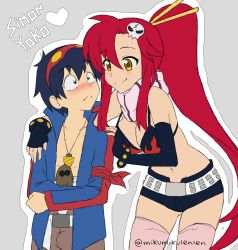 Rule 34 | 00s, 1boy, 1girl, ariamikukanzaki, armband, asymmetrical gloves, bare shoulders, belt, bikini, bikini top only, black eyes, blue hair, blush, boota (ttgl), breasts, character name, cleavage, core drill, elbow gloves, embarrassed, fingerless gloves, flame print, flat color, frown, gloves, goggles, goggles on head, grey background, hair ornament, hair stick, heart, height difference, highres, jacket, jewelry, large breasts, long hair, long sleeves, navel, necklace, outline, pink thighhighs, ponytail, red hair, sarashi, scarf, short hair, short shorts, shorts, sidelocks, simon (ttgl), simple background, skull hair ornament, smile, studded belt, studded bracelet, swimsuit, tengen toppa gurren lagann, thighhighs, twitter username, uneven gloves, yellow eyes, yoko littner