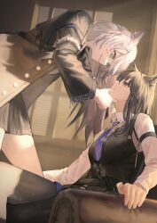 Rule 34 | 2girls, animal ears, aqua eyes, arknights, armchair, black coat, black hair, black pantyhose, black vest, breasts, brown eyes, chair, closed mouth, coat, collared shirt, crossed legs, eye contact, grey hair, hand on another&#039;s chin, highres, koseikogani, lappland (arknights), lappland (refined horrormare) (arknights), large breasts, long hair, long sleeves, looking at another, multiple girls, necktie, official alternate costume, open clothes, open coat, pantyhose, parted lips, purple necktie, shirt, sitting, smile, texas (arknights), texas the omertosa (arknights), torn clothes, torn pantyhose, vest, white shirt, wolf ears