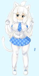 Rule 34 | 1girl, animal ear fluff, animal ears, blue background, blue necktie, blue sky, blush, breasts, closed mouth, commentary request, elbow gloves, full body, gloves, grey eyes, heart, highres, kemono friends, large breasts, lets0020, lion ears, lion girl, lion tail, long hair, looking at viewer, medium bangs, necktie, pantyhose, plaid, plaid necktie, plaid skirt, shirt, simple background, skirt, sky, smile, solo, standing, tail, white gloves, white hair, white lion (kemono friends), white pantyhose, white shirt