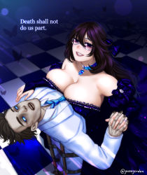 1boy 1girl absurdres blue_dress blue_eyes breasts checkered_floor choker corpse dress formal_clothes glasses highres holding_hands jesse_jordan jewelry large_breasts open_mouth purple_hair smile standing suit