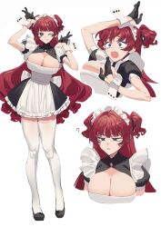 Rule 34 | 1girl, 2l (2lsize), :p, ?, anemone (2l), apron, black dress, breasts, cleavage, confused, double v, dress, gloves, grey eyes, highres, large breasts, long hair, looking at viewer, maid, maid headdress, multiple views, open mouth, original, red hair, simple background, surprised, sweat, thighhighs, tongue, tongue out, two side up, v, very long hair, white apron, white background, white thighhighs, wrist cuffs, zettai ryouiki