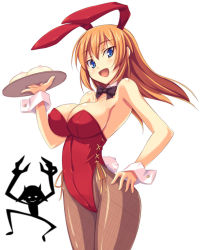 Rule 34 | 00s, 1girl, animal ears, baozi, bow, bowtie, breasts, charlotte e. yeager, cleavage, detached collar, fake animal ears, food, hand on own hip, large breasts, leotard, long hair, miyafuji yoshika, orange hair, pantyhose, playboy bunny, rabbit ears, rabbit tail, shimakaze (soundz of bell), silhouette demon, strike witches, tail, tray, world witches series, wrist cuffs
