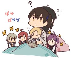 Rule 34 | 10s, 6+girls, :&gt;, ?, ahoge, akagi (kancolle), arashi (kancolle), back-to-back, betchan, black vest, blanket, blue eyes, book, brown eyes, brown hair, closed eyes, collared shirt, commentary request, drooling, flipped hair, grey hair, grey vest, hagikaze (kancolle), holding, holding book, japanese clothes, kaga (kancolle), kantai collection, long hair, maikaze (kancolle), motion lines, multiple girls, neck ribbon, necktie, nowaki (kancolle), ponytail, purple eyes, purple hair, red hair, red ribbon, ribbon, school uniform, shirt, short hair, side ponytail, translation request, under covers, vest, white background, yellow necktie