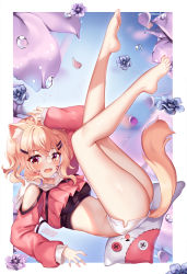 Rule 34 | 1girl, ahoge, animal ear fluff, animal ears, arm up, ass, bare legs, bare shoulders, barefoot, blonde hair, cat ears, cat tail, clothing cutout, commentary, crop top, facial mark, fangs, feet, flower, hair ornament, hairclip, highres, indie virtual youtuber, legs up, looking at viewer, midriff, open mouth, pink shirt, purple flower, shirt, short hair, short shorts, shorts, shoulder cutout, shyrei faolan, side slit, solo, squchan, stomach, tail, toes, virtual youtuber, water drop, whisker markings, white background, white shorts, yellow eyes