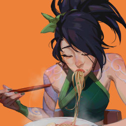 Rule 34 | 1girl, akali, bare shoulders, black hair, bowl, breasts, chopsticks, closed eyes, commentary, eating, food, green hairband, green shirt, hairband, highres, holding, holding chopsticks, league of legends, long hair, medium breasts, noodles, orange background, ponytail, qi mang (qimang), ramen, shirt, solo, symbol-only commentary, upper body, weapon