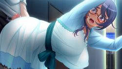 Rule 34 | 1boy, 1girl, armpits, bent over, blush, breasts, censored, dress, erection, from below, game cg, glasses, hair over shoulder, hanging breasts, hetero, huge breasts, imminent penetration, kaneshiro wataru, legs, long hair, looking back, low ponytail, mosaic censoring, open mouth, original, penis, ponytail, purple eyes, purple hair, red-framed eyewear, soku iki bishonure athlete!, solo focus, standing, thighs, white dress