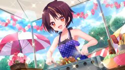 Rule 34 | 1girl, :d, apron, bandou mikuru, bikini, blonde hair, blue apron, blue sky, bottle, bowl, breasts, brown hair, cloud, collarbone, cooking, day, dot nose, dutch angle, film grain, flower, frilled bikini, frills, game cg, izumi tsubasu, lens flare, multicolored hair, non-circular lens flare, non-web source, official art, open mouth, outdoors, pink flower, polka dot, polka dot apron, purple bikini, re:stage!, red eyes, red flower, ringed eyes, short hair, sky, small breasts, smile, solo, sparkle, spatula, streaked hair, swimsuit, two-tone hair, umbrella, white flower, wicker basket