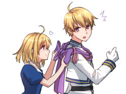 Rule 34 | 1boy, 1girl, ^^^, ahoge, belt, blonde hair, blouse, blush, bow, brother and sister, chester stoddart, elena stoddart, falcom, gloves, heart, kumakosion, looking at another, looking back, military, military uniform, open mouth, profile, purple eyes, scarf, shirt, short hair, siblings, smile, surprised, turtleneck, tying, uniform, upper body, white background, ys, ys iii wanderers of ys