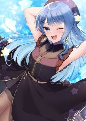Rule 34 | 1girl, ;d, arms up, beret, blue eyes, blue hair, dress, earrings, flower, hair flower, hair ornament, hairclip, hat, highres, hololive, hoshimachi suisei, hoshimachi suisei (maid), isuka, jewelry, long hair, looking at viewer, one eye closed, open mouth, smile, solo, star (symbol), star in eye, symbol in eye, virtual youtuber